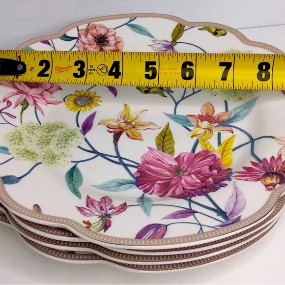 4 Grace Teaware Magnolia Song Bird SALAD Plates Floral Scalloped Gold Rim